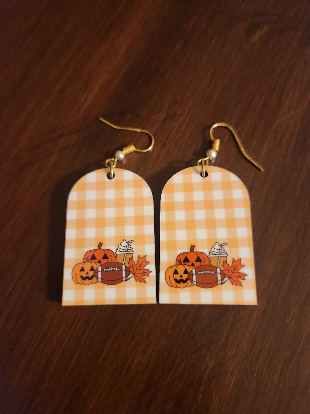 Halloween Pumpkin & Football Orange Gingham Earrings